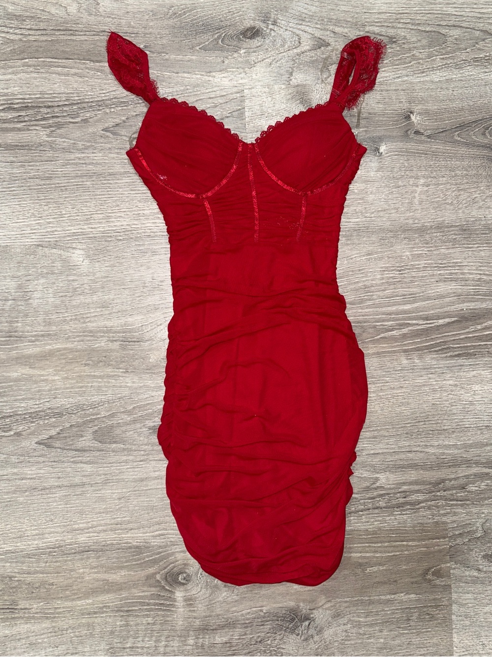 Windsor Red Lace-Trim Ruched Slip Dress
